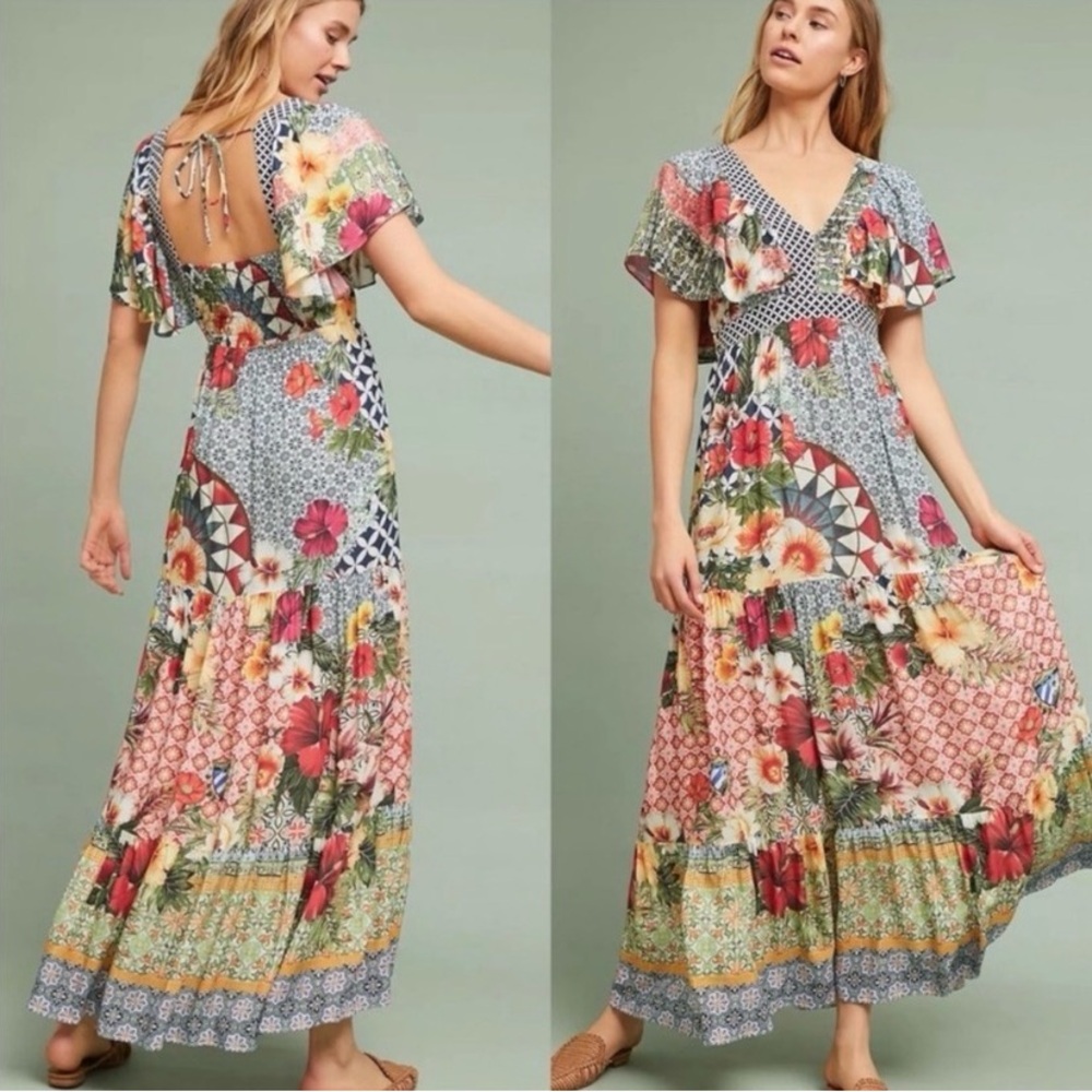 Farm Rio Helja Anthropologie Floral Patchwork Print Maxi Dress Size Small S